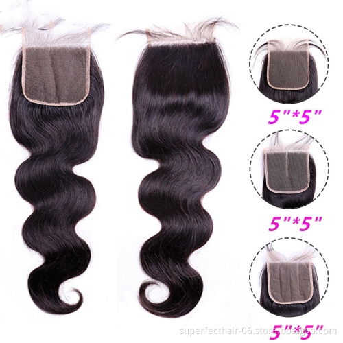 Wholesale 100% Human Hair Unprocessed Virgin Remy Brazilian Human Hair body wave Swiss 5X5 HD Lace Closure